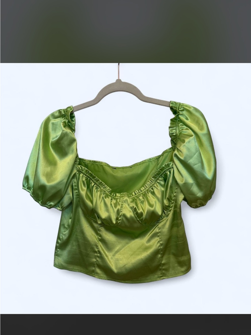 Cider Satin Puff-Sleeve Square Neck Top - Lime Green